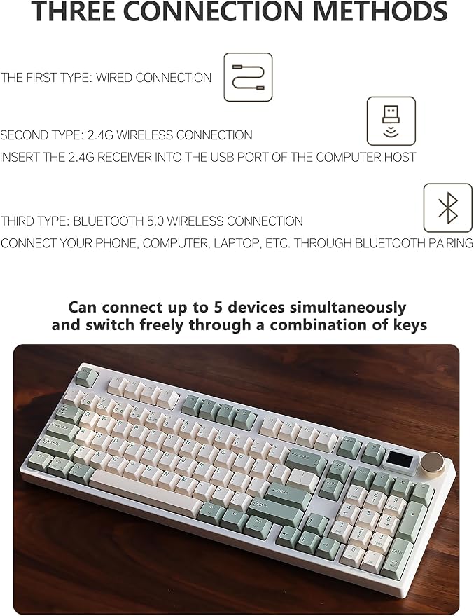 NJ98 Wireless Custom Mechanical Keyboard with Screen Knob 96% Hot Swappable RGB Keyboard Mac Windows (White, Steel Plate-Box Deep Sea)