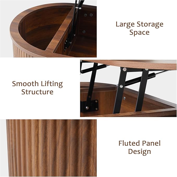 QHITTY Fluted Coffee Table with Lifting Top, Oval Wood Lift Top Coffee Table with Hidden Compartment, Mid Century Pull up Center Tables for Living Room, Office - Walnut