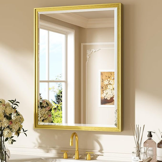 Keonjinn 24" x 32" Brushed Gold Bathroom Vanity Mirror, Aluminum Alloy Frame