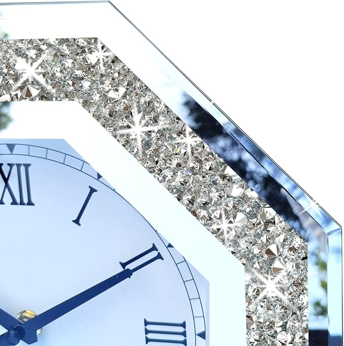 Wall Clock, Octagon Mirror Glass Clock, Cute Diamond 12-inch Non-Ticking Clock