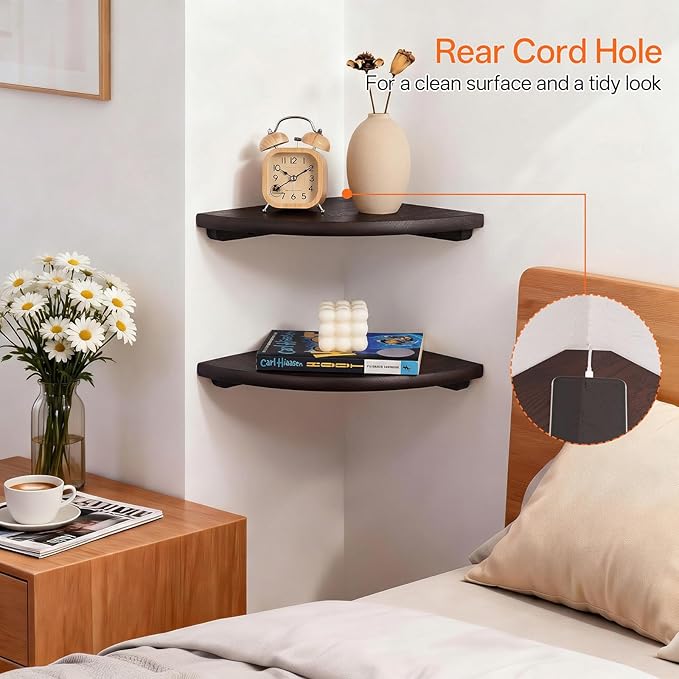 Gieanoo Floating Corner Shelves Set 2 16inch Walnut Solid Oak Rounded Corner