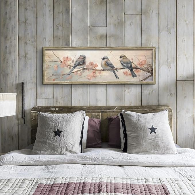 Vintage Bird Framed Wall Art: Rustic Chickadee Wooden Painting Colorful Cute Sparrow Picture Pink Flower Branch Prints Countryside Artwork Decor for Living Room Bedroom Farmhouse