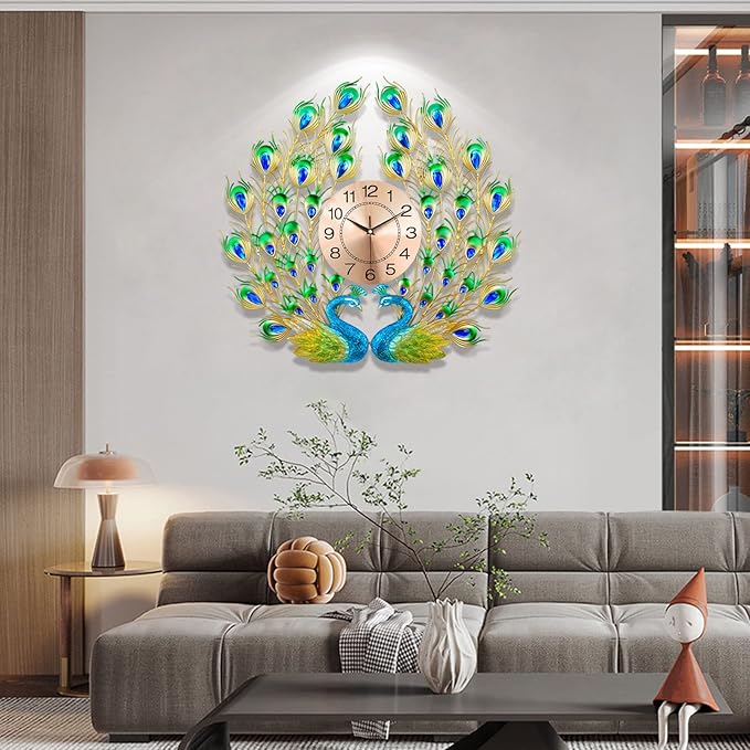 Large Peacock Wall Clock Silent Non-Ticking, 3D Creative Luxury Decorative Wall