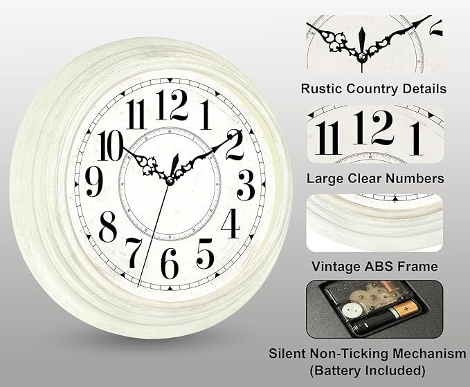 Vintage Wall Clock 13 Inch Quartz Silent Non-Ticking Analog Clock Battery