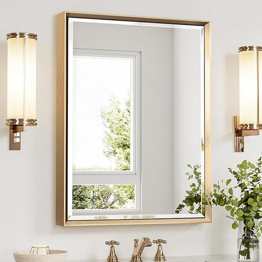 Gold Bathroom Mirror, 24x32 Brushed Gold Bathroom Mirror Beveled Edge,