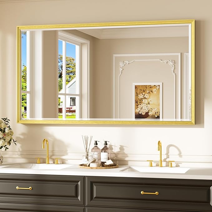 Keonjinn 55" x 30" Gold Bathroom Mirror, Brushed Gold Metal Framed Mirrors