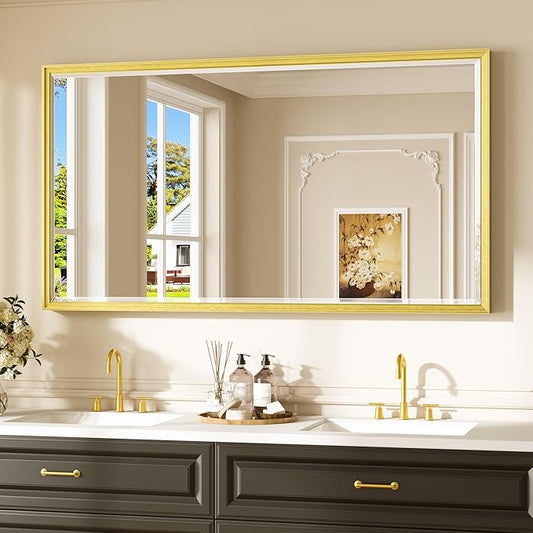 Keonjinn 55" x 30" Gold Bathroom Mirror, Brushed Gold Metal Framed Mirrors