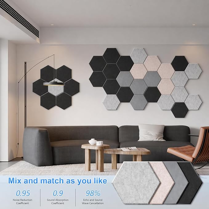 12 Pack Hexagon Acoustic Panels, Self-Adhesive Sound Deadening Panels, Sound