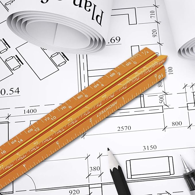 12" Architectural Scale Ruler Aluminum Architect Scale Triangular Scale Ruler for Architects, Draftsman, Students and Engineers, Golden