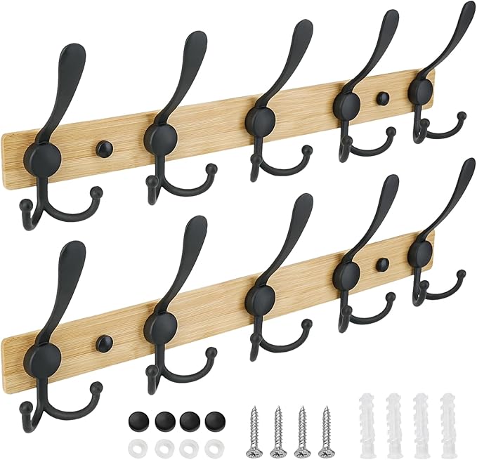 TICONN Wall Mounted Coat Rack, Five Heavy Duty Tri Hooks All Metal Construction