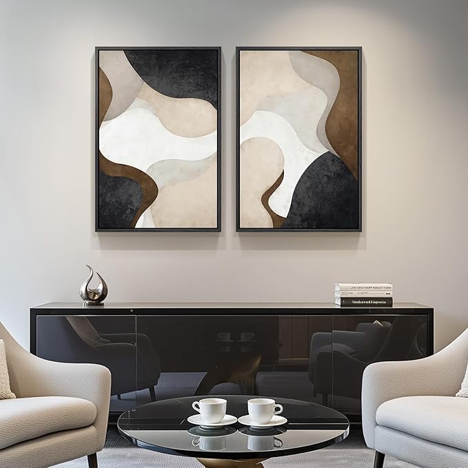 Framed Neutral Abstract Minimalist Wall Art Set of 2, Modern Canvas Prints