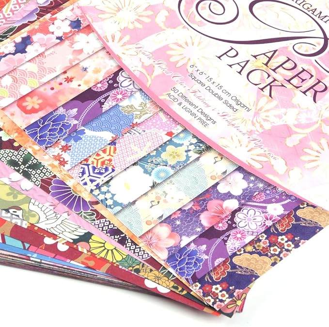 Origami Paper Kit 50 Sheets 70GSM 6 Inch Square Double Sided Color 50 Vivid Japanese Washi Chiyo Colors for Hand Crafts Origami Paper Arts Creativity.Japanese Sakuras