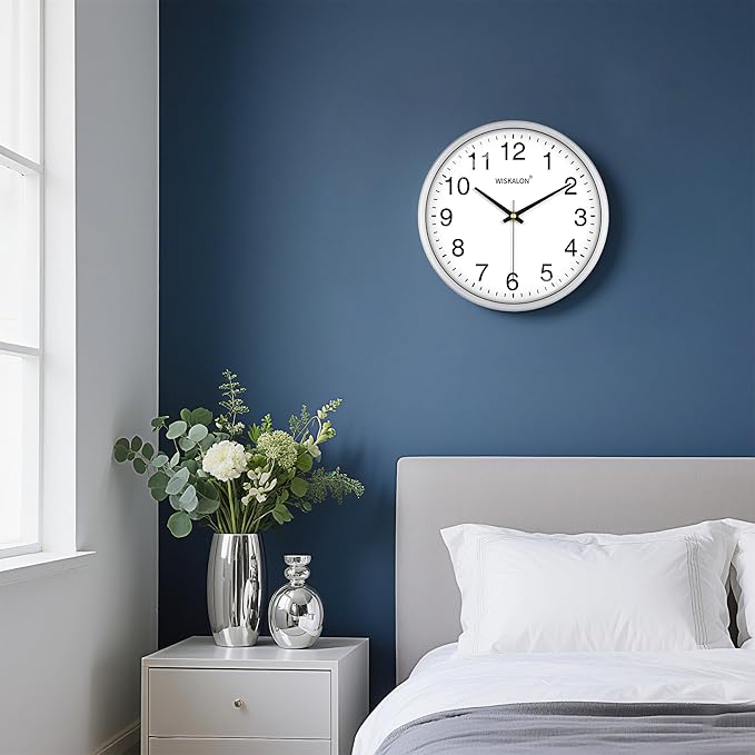 WISKALON 10 Inch Wall Clock, Silent Non-Ticking Round Silver Frame Clock