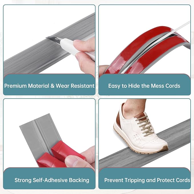Floor Cord Cover Self Adhesive Cord Hider Floor Extension Cord Covers for Floor Power Cord Protector Cable Management Prevent Cable Trips Cable Cavity 0.47" W x 0.27" H (Light Grey Wood, 3.3Ft)