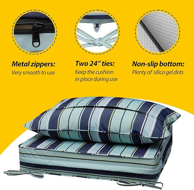 AAAAAcessories Outdoor Seat Cushions for Chairs, Fade-Resistant, Waterproof Patio Furniture Replacement Cushions, 21" x 21" x 3" + 21" x 17", Ash Teal Seaside Stripe
