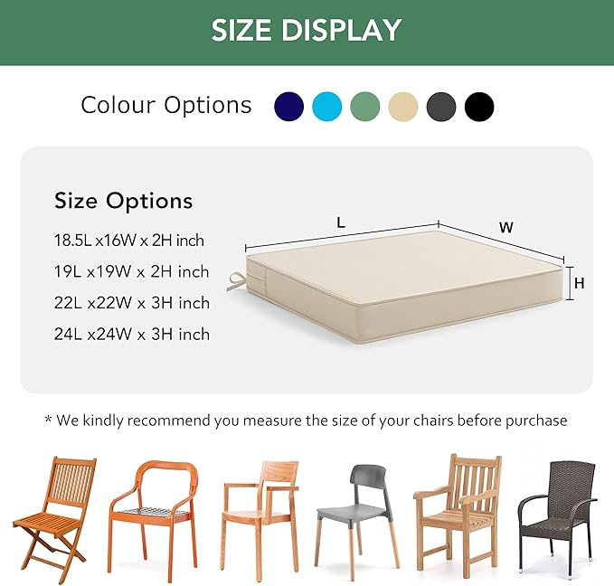 Outdoor Chair Cushions Set of 2: Waterproof & Fade Resistant Deep Seat Cushion for Patio Furniture - 24 x 24 x 3 Inch Chair Pads with Ties and Hidden Zipper - Patio Chair Cushion Replacement, Beige