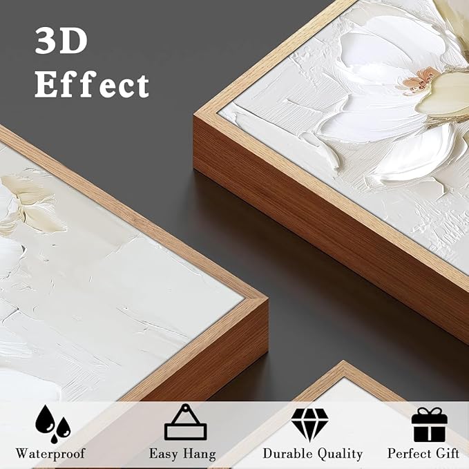 FWIEXA 3D Beige White Floral Canvas Wall Art Set 3,Texture Neutral Flower Framed Prints,Modern Abstract Aesthetic Botanical Paintings,16x24In Watercolor Minimalist Magnolia Artwork for Living Room,Bedroom,Office