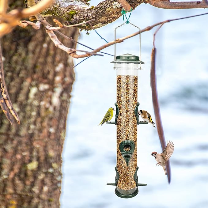 MIXXIDEA 1PK Metal Wild Bird Feeder,Squirrel Proof Bird Feeders for Outside,Hanging 6 Port Tube Bird Feeder Transparent Finch Bird Feeder for Attracting Birds in Your Lawn, Garden, Balcony-Green