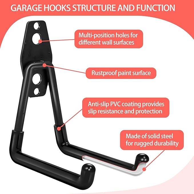 28 Pack Garage Hooks Heavy Duty - Garage Storage and Organization Ladder Hooks with Non Slip PVC Coating for Hanging Bike，Ladder，Garden Tools，Hose