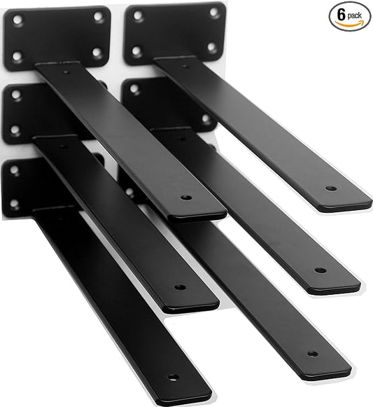 6 Pack - 12 inch Black Hidden L Shelf Bracket Iron Floating Shelf Brackets