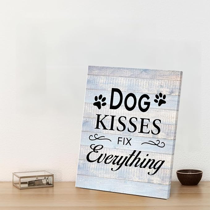 Funny Farmhouse Dog Canvas Wall Art Decor Dog Kisses Fix Everything Rustic Sign