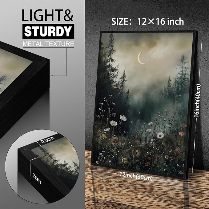 Dark Flower Field Poster Vintage Moody Academia Wall Art 12X16 inch Black
