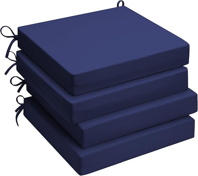 UNIKOME Outdoor Chair Cushions Pack of 4, Water Resistant Patio Cushions with Ties, High Density Sponge Filling Square Corner Seat Cushions for Outdoor Furniture, 24"*24"*4", Navy Blue