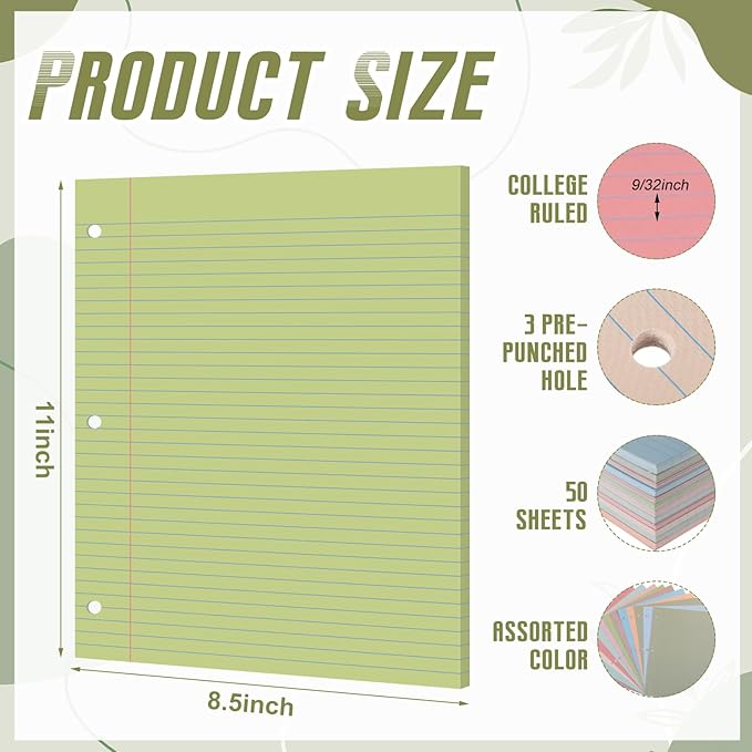 PerKoop 600 Sheets Colored Loose Leaf Paper 8.5" x 11" college ruled Lined 3 Hole Punched notebook Filler Paper for 3 Ring Binders Office School Supplies (Earthy Color)