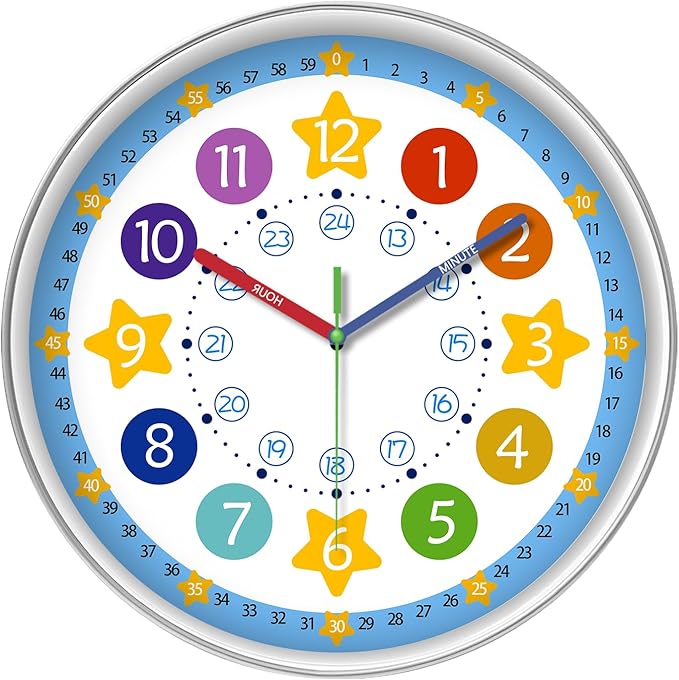 XFM Blue Kids Wall Clock 14 Inch Silent Non Ticking Quartz Battery Operated