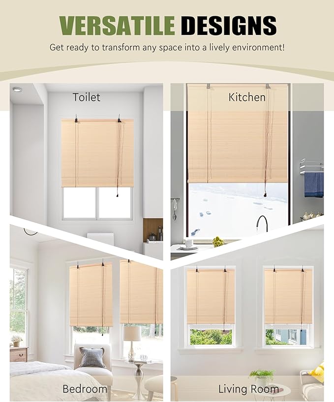FoundGo Retro Bamboo Blinds 60" W x 72" H Bamboo Roman Shades Light Filtering
