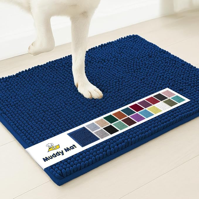 Muddy MatÂ® | Super Water Absorbent Door Mat Indoor, Microfiber Quick Dry Chenille Entryway Rug, Slip Resistant Front Door Mat, Indoor Mats for Entryway, Machine Washable Pet Rug, Navy Blue 16"x24"