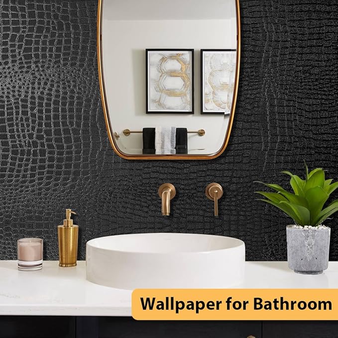 Arthome 17"×240" Black Crocodile Peel and Stick Wallpaper, Charcoal Black