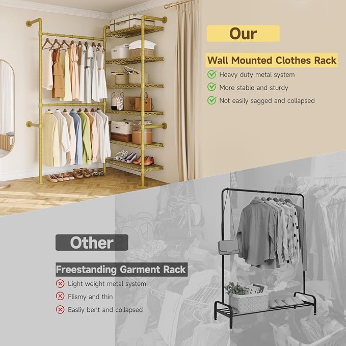 L2 Wall Mounted Closet System, Industrial Pipe Clothing Rack Clothes Racks