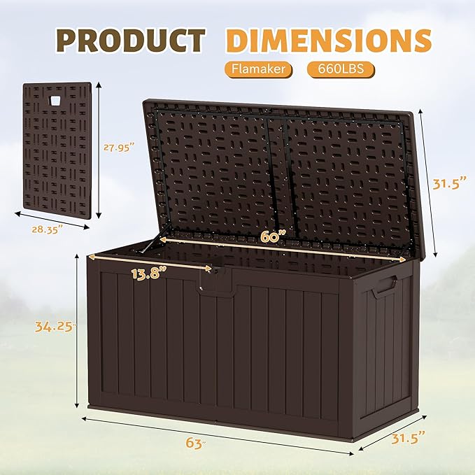 Flamaker 250 Gallon Resin Deck Box, Waterproof Imitation-Wood Lockable Storage Box with Separator Plate for Outdoor Indoor, Garden, Patio Furniture for Tools & Pool Accessories (Deep Brown)