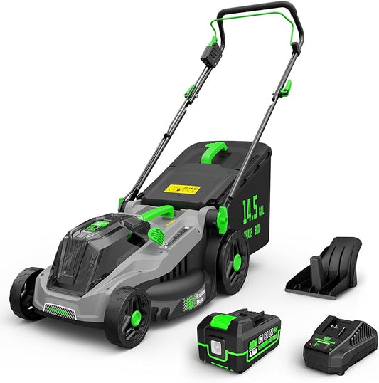 TIECTOWN 40V 16-Inch Brushless Cordless Lawn Mower with 4.0Ah Battery & Charger, 2-in-1 Electric Push Mower, 5-Position Height Adjustment, Lightweight, Compact Storage, for Small Yards - Green