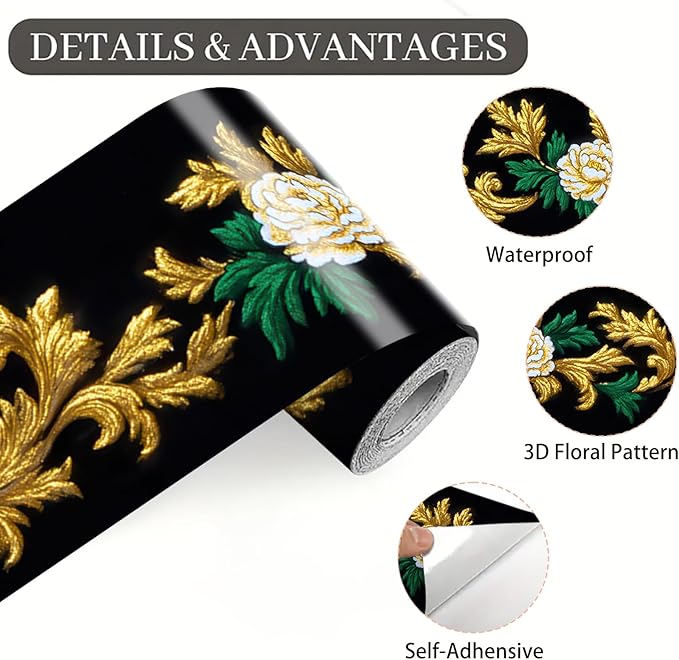 Baroque Floral Wallpaper Border 196x4 Inch Removable Wall Border Peel and Stick