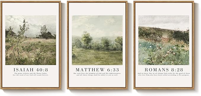 Framed Vintage Christian Wall Art Set of 3, Rustic Wildflower Landscape Bible