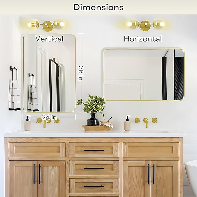 Wall Mount Mirror for Bathroom, Brushed Gold Metal Framed Rounded Corner