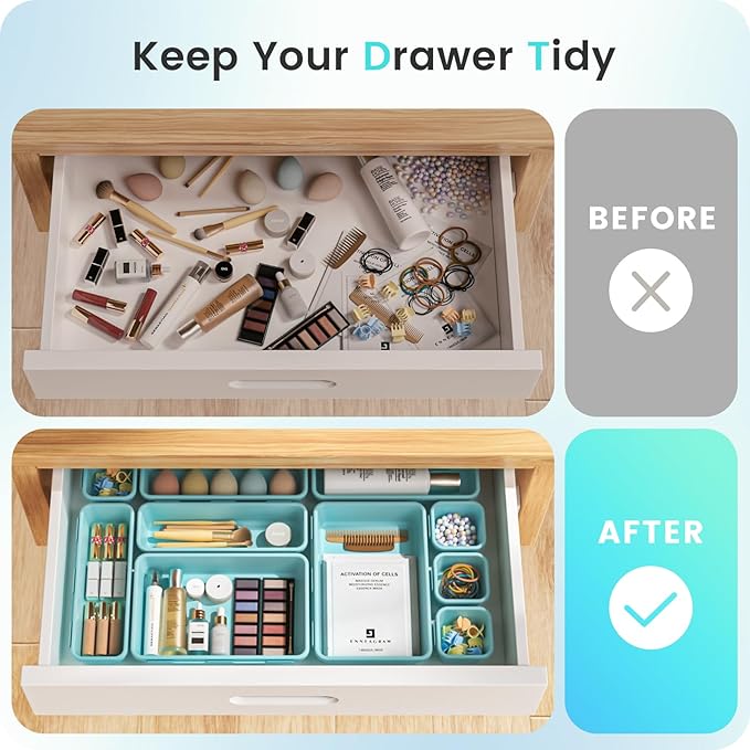 A-LuGei 【𝟮𝟴𝗣𝗖𝗦】 【𝟱𝗦𝗶𝘇𝗲】 BlueGreen Drawer Organizer, Makeup organizer, 【Holds 177 Items】 Bathroom Organizers and Storage, Plastic Desk Organizer Divider, Organizer Bins for Office Vanity