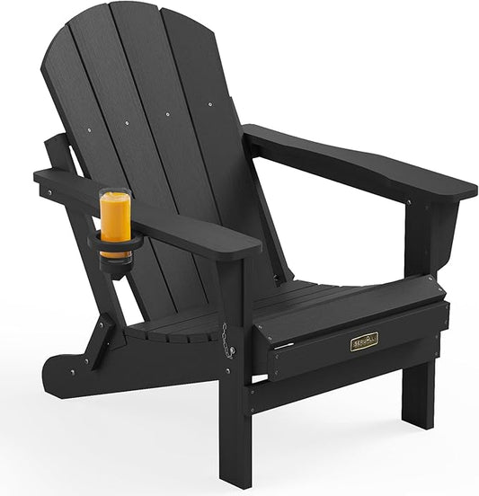 SERWALL Folding Adirondack Chair with Cup Holder for Outdoor, All-Weather Patio Chairs with Wood Texture, Fire Pit Chairs for Deck Porch Garden - Black
