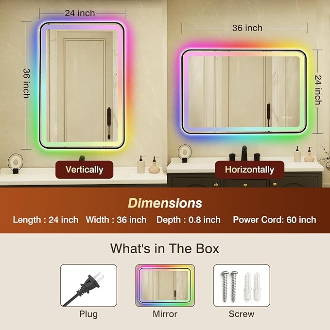 24x36 Inch Black Framed LED Bathroom Mirror