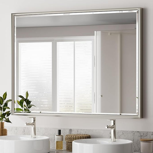 40 x 30 Brushed Nickel Bathroom Mirror, Beveled Framed Rectangle
