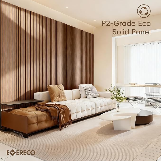 EVERECO 6 Pack Wood Slat Acoustic Wall Panels 92.5" × 7.87", 3D Sound Absorbing