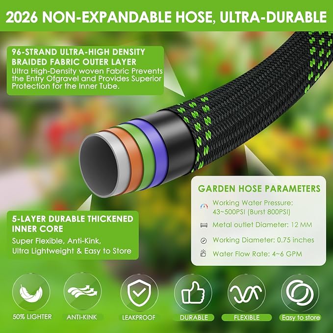 Garden Hose 75 ft, Non-Expandable Ultra-Lightweight Flexible Hose with 360° Dual-End Anti-Kink Design, 10-Pattern Spray Nozzle, 500 PSI Leak-Proof, 96-Strand Braided Fabric, Storage Strap