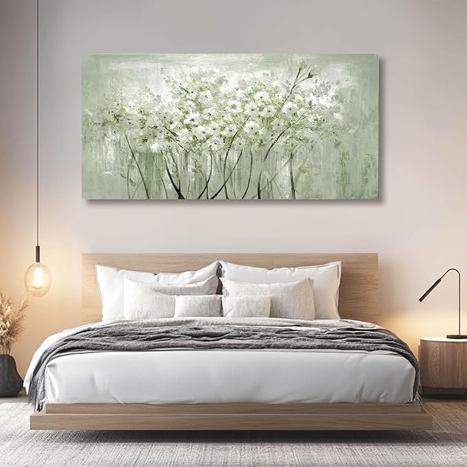 MLART99 Modern Artwork Wall Decor White Flowers Picture Art 24"x48" Plant Wall