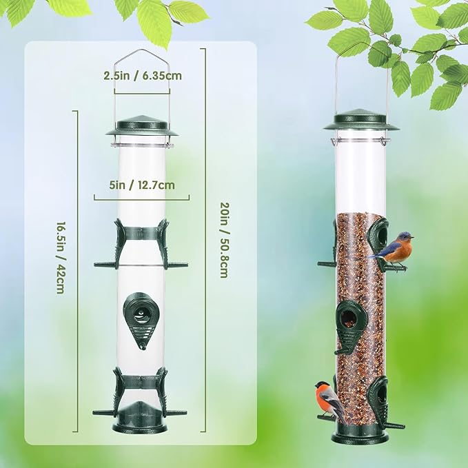 MIXXIDEA 1PK Metal Wild Bird Feeder,Squirrel Proof Bird Feeders for Outside,Hanging 6 Port Tube Bird Feeder Transparent Finch Bird Feeder for Attracting Birds in Your Lawn, Garden, Balcony-Green