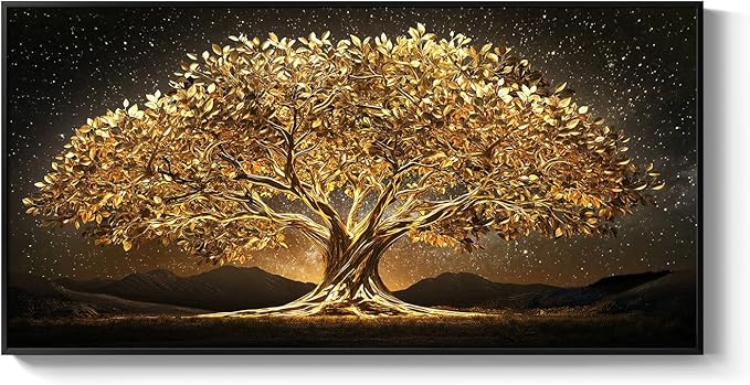 Large Framed Black and Gold Tree of Life Wall Art, Modern Luxury Tree Painting