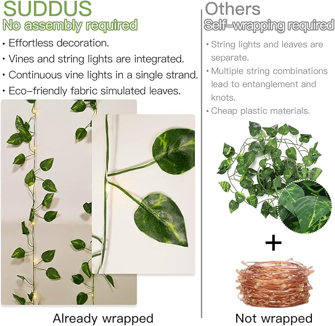 suddus Vine with Fairy Lights Battery Operated, 13.1ft 40 LED Pothos String
