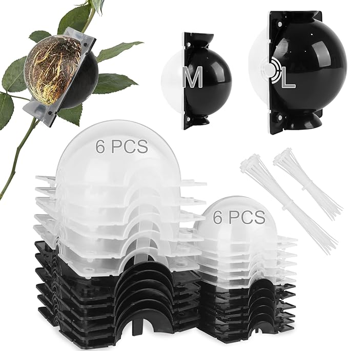 Tree Root Growing Box, Air Layering Pods Propagation Kit, Reusable Half Transparent Plants Asexual Reproduction Grafting Ball with Zip Ties for Fast Propagation Plants (6pcs Meidum + 6pcs Large)