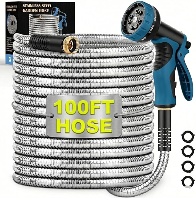 Garden Hose 100FT, Water Hose with 10 Function Nozzle, Garden Hose Metal with Leak-proof Connectors, No-Kink, Lightweight, Puncture-proof, Pet-proof, Sturdy, Hose for Outdoor, Yard